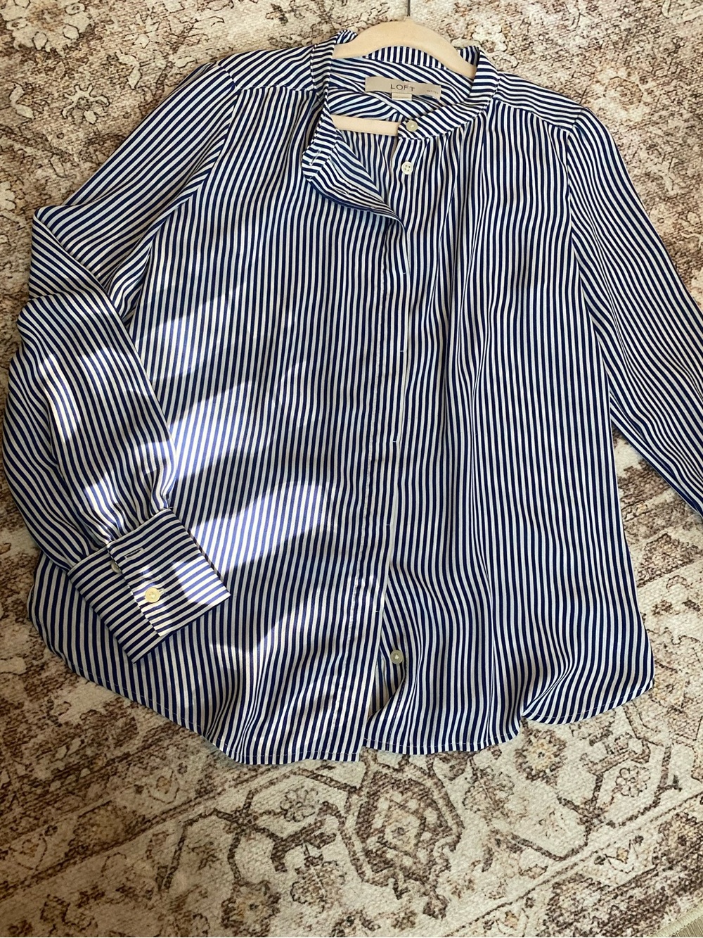 LOFT Navy and White Vertical Stripe Dress Shirt